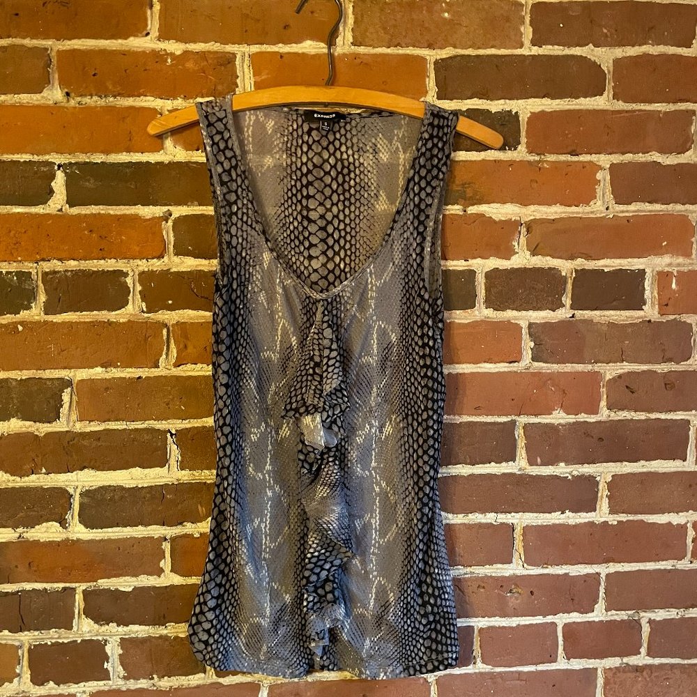 Express Ruffle Front Sheer Tank Top in Snake Print, size Small